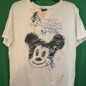 Rare Zara Disney Designs Mickey Mouse Splatter T-Shirt L White Art Drawing
